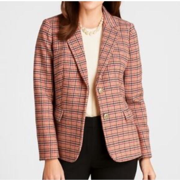 Talbots Wool Blend Plaid Blazer Sz 14P Pink Multi Lined Gold Buttons Office - Picture 3 of 14